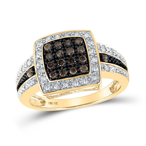 10k Yellow Gold Womens Round Brown Diamond Square Cluster Ring 1/2 Cttw