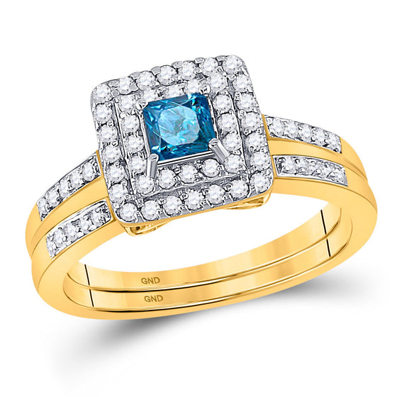 14k Yellow Gold Womens Princess Blue Color Enhanced Diamond Bridal Wedding Ring Set 7/8 Cttw