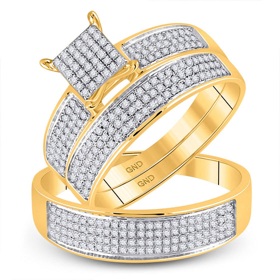 10k Yellow Gold His Hers Round Diamond Cluster Matching Wedding Set 1/2 Cttw