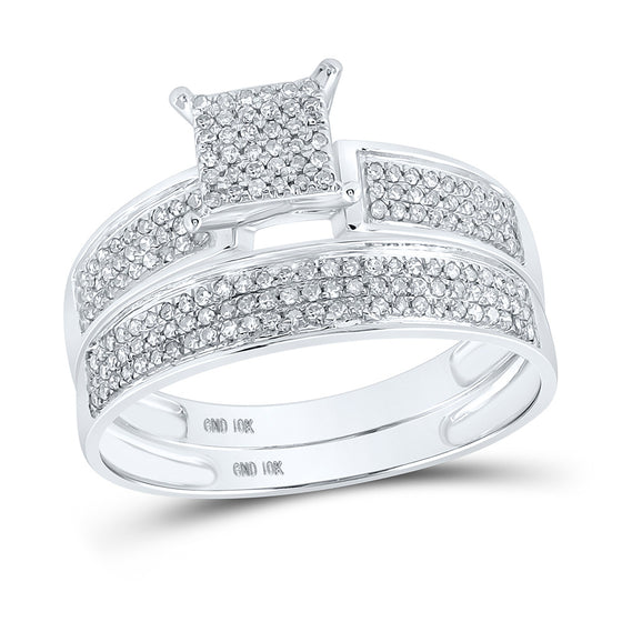 10k White Gold His Hers Round Diamond Cluster Matching Wedding Set 1/2 Cttw