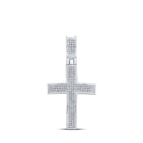 10k White Gold Mens Round Diamond Cross Charm Pendant 1/2 Cttw