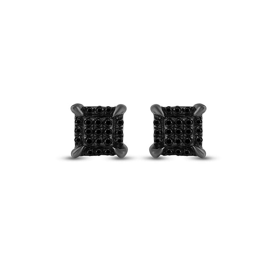 10k White Gold Round Black Color Enhanced Diamond Square Earrings 1/20 Cttw