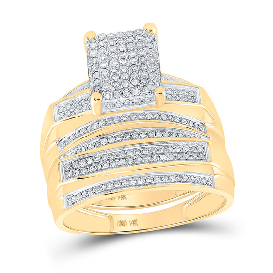 10k Yellow Gold His Hers Round Diamond Cluster Matching Wedding Set 3/4 Cttw