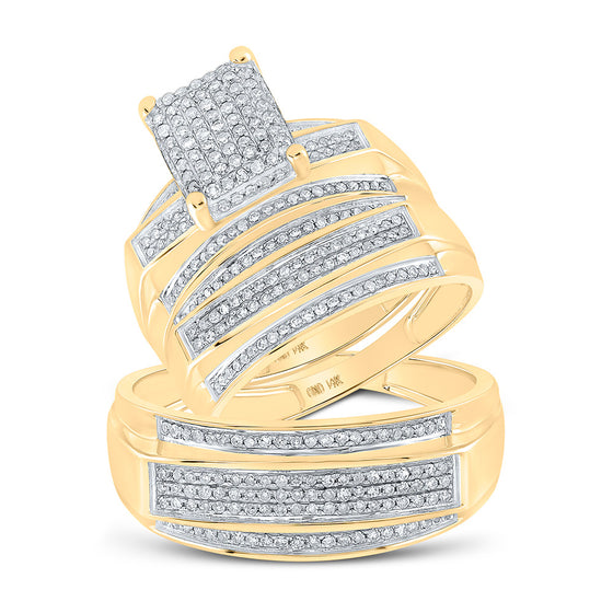 10k Yellow Gold His Hers Round Diamond Cluster Matching Wedding Set 3/4 Cttw