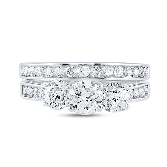 14k White Gold Round 3-Stone Diamond Bridal Wedding Ring Band Set 2 Cttw