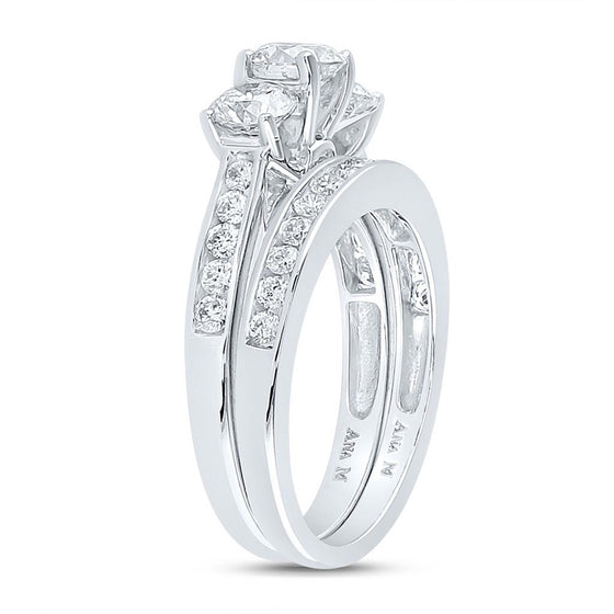 14k White Gold Round 3-Stone Diamond Bridal Wedding Ring Band Set 2 Cttw