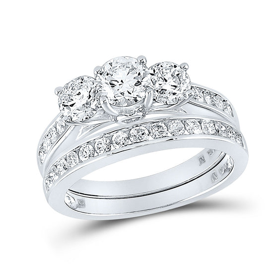 14k White Gold Round 3-Stone Diamond Bridal Wedding Ring Band Set 2 Cttw