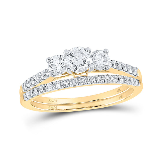 14k Yellow Gold Round Diamond 3-Stone Bridal Wedding Ring Band Set 1 Cttw