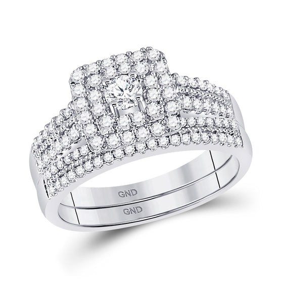 14k White Gold Round Diamond Double Halo Bridal Wedding Ring Band Set 3/4 Cttw
