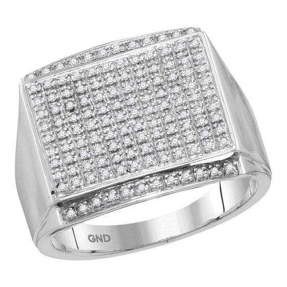 10k White Gold Mens Round Diamond Rectangle Cluster Ring 3/8 Cttw