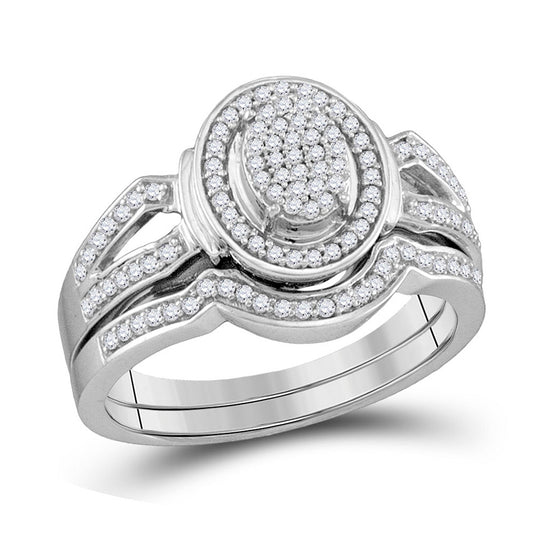 Sterling Silver Round Diamond Oval Cluster Bridal Wedding Ring Band Set 1/3 Cttw