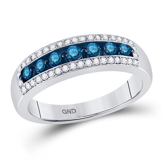 10k White Gold Womens Round Blue Color Enhanced Diamond Band Ring 1/2 Cttw