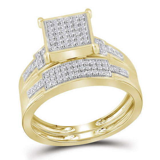 10k Yellow Gold His Hers Round Diamond Square Matching Wedding Set 1/2 Cttw