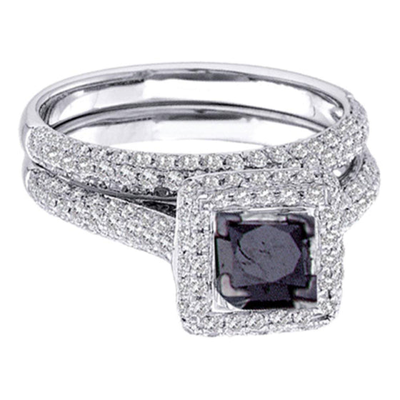 14k White Gold Princess Black Color Enhanced Diamond Wedding Ring Set 1-1/4 Cttw Sz 8