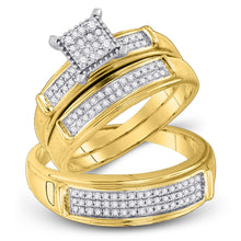  10k Yellow Gold His Hers Round Diamond Square Matching Wedding Set 3/8 Cttw