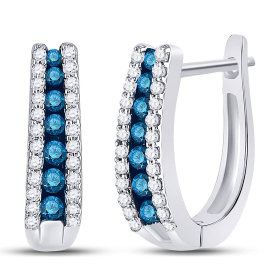 10k White Gold Womens Round Blue Color Enhanced Diamond Hoop Earrings 1/2 Cttw