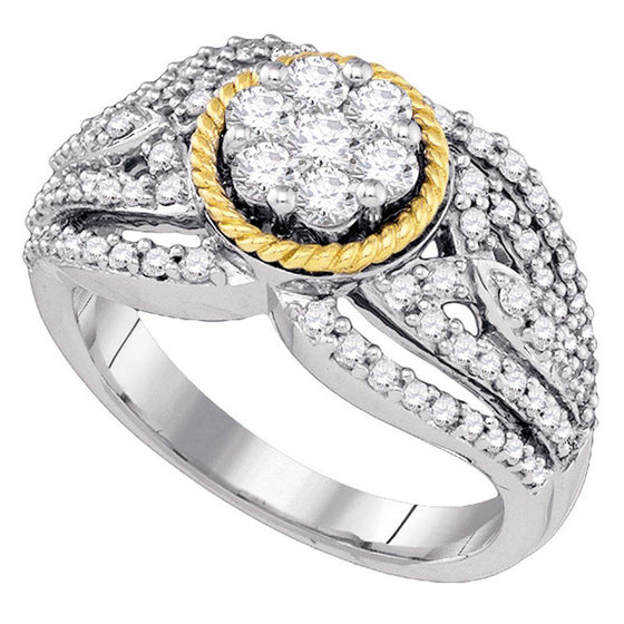 10k Two-tone Gold Womens Round Diamond Roped Flower Cluster Ring 7/8 Cttw