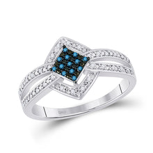  10k White Gold Womens Round Blue Color Enhanced Diamond Square Frame Cluster Ring 1/6 Cttw