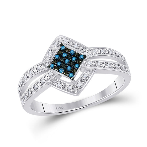 10k White Gold Womens Round Blue Color Enhanced Diamond Square Frame Cluster Ring 1/6 Cttw