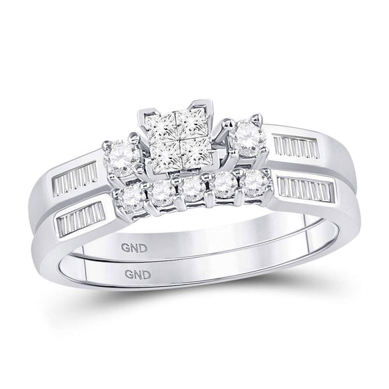 10k White Gold Princess Diamond Bridal Wedding Ring Band Set 3/8 Cttw