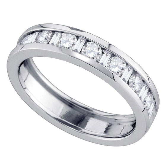 14k White Gold Womens Alternating Round Baguette Diamond Single Row Wedding Band 1 Cttw