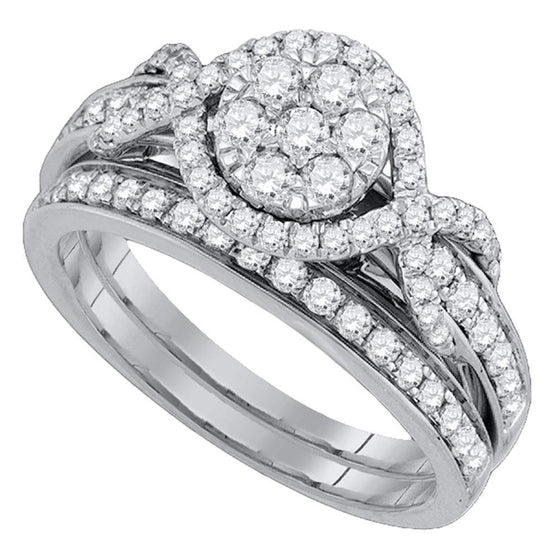 14k White Gold Round Diamond Cluster Bridal Wedding Ring Band Set 1 Cttw