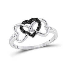  Sterling Silver Womens Round Black Color Enhanced Diamond Triple Trinity Heart Ring 1/10 Cttw