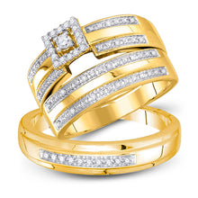  10k Yellow Gold His Hers Round Diamond Square Matching Wedding Set 1/4 Cttw