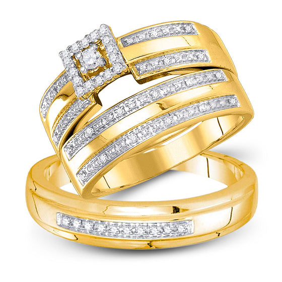 10k Yellow Gold His Hers Round Diamond Square Matching Wedding Set 1/4 Cttw