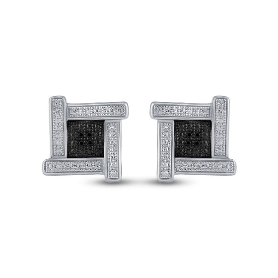 Sterling Silver Round Black Color Enhanced Diamond Square Earrings .03 Cttw