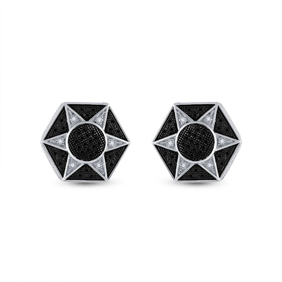 Sterling Silver Round Black Color Enhanced Diamond Hexagon Star Cluster Earrings 1/5 Cttw