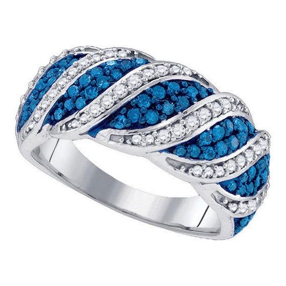 10k White Gold Womens Round Blue Color Enhanced Diamond Cascading Band Ring 3/4 Cttw