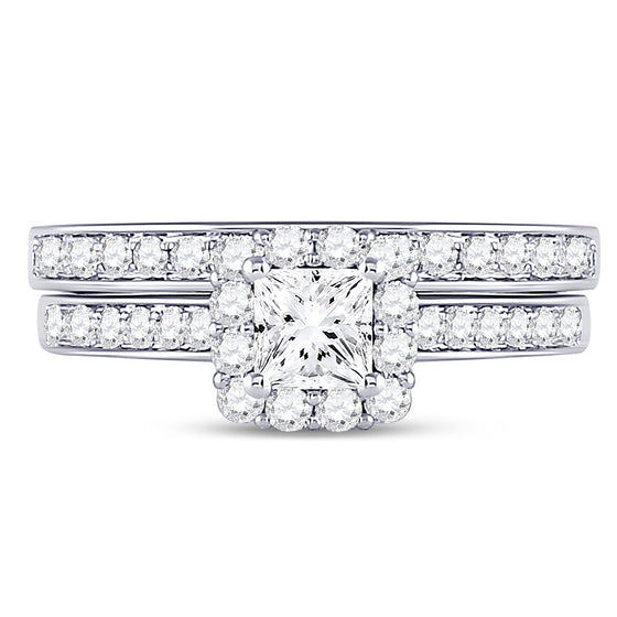 14k White Gold Princess Diamond Halo Bridal Wedding Ring Band Set 1-1/4 Cttw