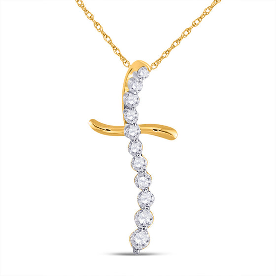 10k Yellow Gold Womens Round Diamond Curved Cross Pendant 1/4 Cttw