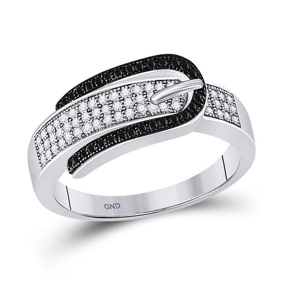 10k White Gold Womens Round Black Color Enhanced Diamond Belt Buckle Band Ring 1/4 Cttw