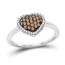  10k White Gold Brown Round Diamond Cluster Womens Heart Ring 1/3 Cttw
