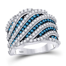  10k White Gold Womens Round Blue Color Enhanced Diamond Stripe Fashion Ring 1-3/4 Cttw