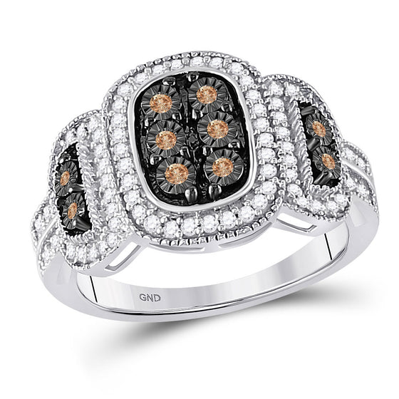 10k White Gold Womens Round Brown Diamond Cluster Ring 1/3 Cttw