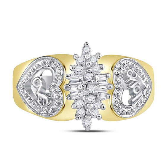 10k Two-tone Yellow Gold Womens Round Diamond Oval Cluster Love Heart Ring 1/8 Cttw