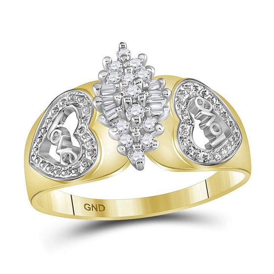 10k Two-tone Yellow Gold Womens Round Diamond Oval Cluster Love Heart Ring 1/8 Cttw
