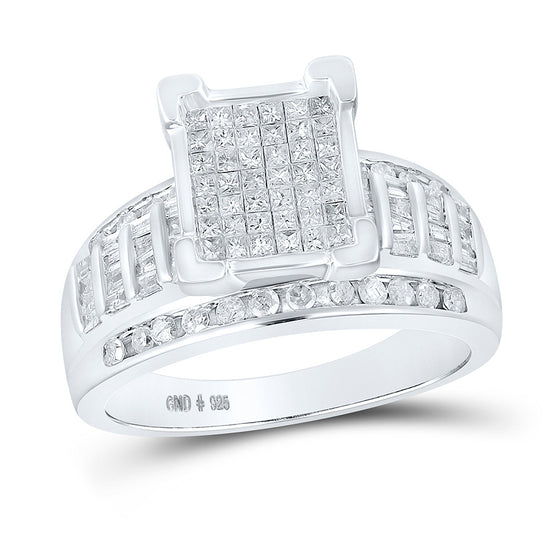 Sterling Silver Princess Diamond Square Cluster Bridal Wedding Engagement Ring 1 Cttw