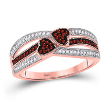  10k Rose Gold Womens Round Red Color Enhanced Diamond Double Heart Striped Ring 1/5 Cttw