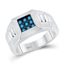  10k White Gold Mens Round Blue Color Enhanced Diamond Square Ring 1/2 Cttw