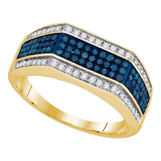 10k Yellow Gold Mens Round Blue Color Enhanced Diamond Band Ring 3/4 Cttw