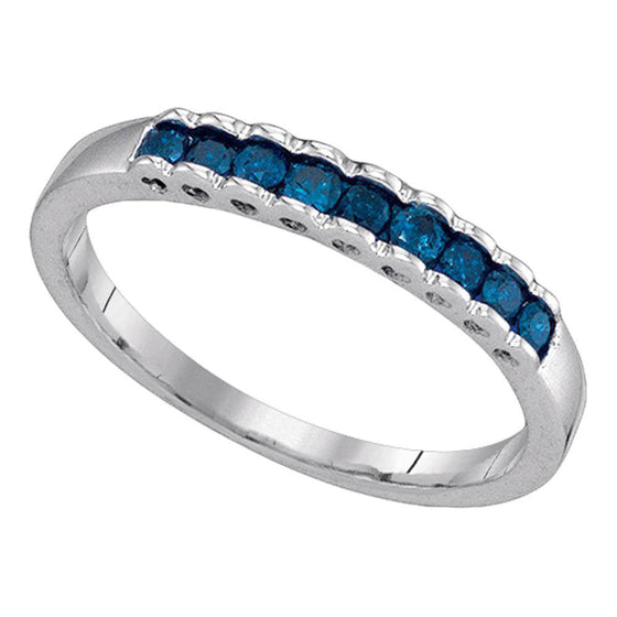 10k White Gold Womens Princess Blue Color Enhanced Diamond Ribbed Band Ring 1/4 Cttw