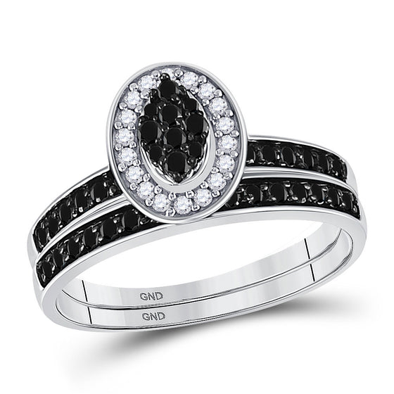 10k White Gold Womens Round Black Color Enhanced Diamond Bridal Wedding Ring Set 1/2 Cttw