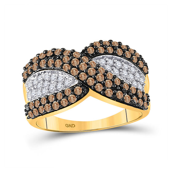 10k Yellow Gold Womens Round Brown Diamond Crossover Stripe Band Ring 1 Cttw