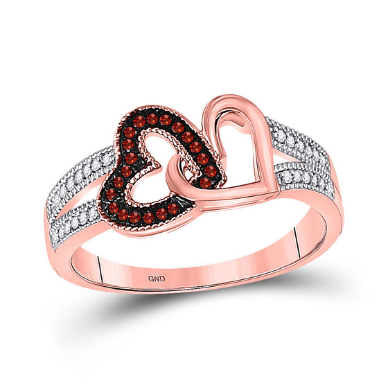 10k Rose Gold Womens Round Red Color Enhanced Diamond Double Heart Ring 1/6 Cttw