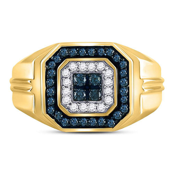 10k Yellow Gold Mens Round Blue Color Enhanced Diamond Square Ring 5/8 Cttw