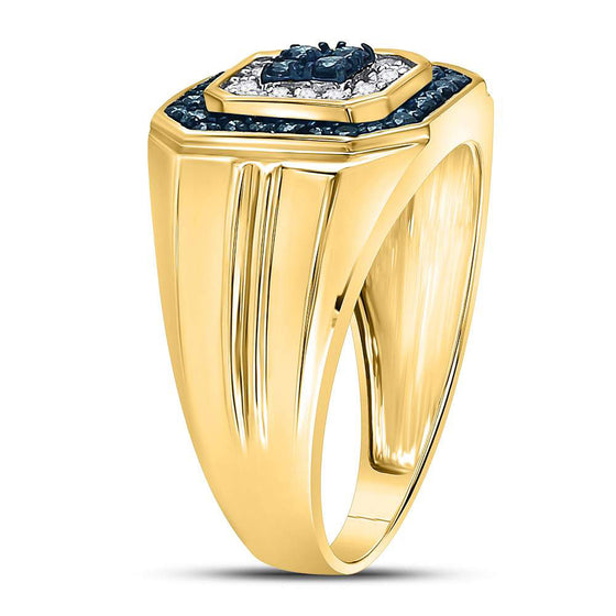 10k Yellow Gold Mens Round Blue Color Enhanced Diamond Square Ring 5/8 Cttw